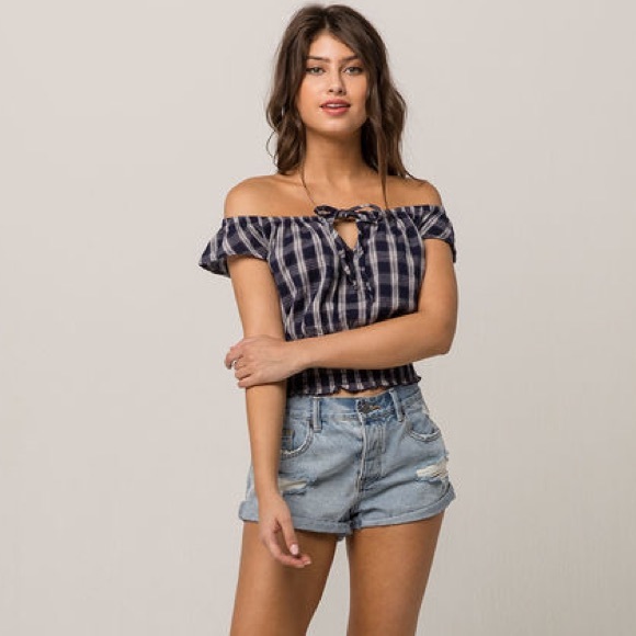 2X HP! NWT NWT Ivy & Main Plaid off the Shoulder Top - Picture 4 of 5